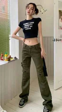 Dark green High Street Cargo Straight Pants and Jeans for women by Mead's Supply & Equipment Outfitters, featuring a relaxed fit and cargo pockets.