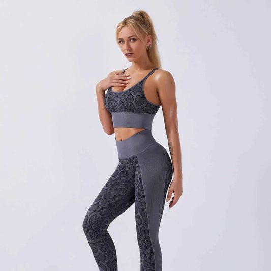 Seamless snake print yoga set for women in deep grey, moisture-wicking activewear from Mead's Supply & Equipment Outfitters.