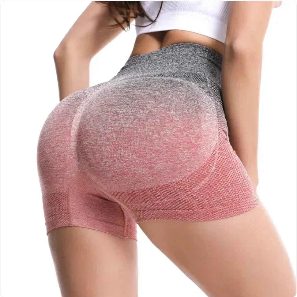Women's high-waist gradient yoga shorts by Mead's Supply & Equipment Outfitters, in green, designed for athletic workouts and fitness.