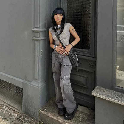 Women’s grey street retro low-rise denim cargo pants by Mead's Supply & Equipment Outfitters, featuring classic cargo pockets and relaxed fit.