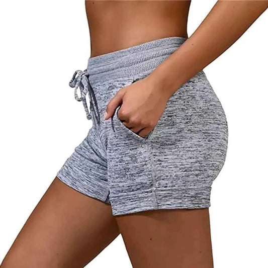 Women's lace-up yoga shorts in solid grey, athletic and comfortable for outdoor activities, by Mead's Supply & Equipment Outfitters.