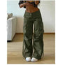 Khaki women's low-waist cargo pants with multiple pockets, casual outdoor utility pants by Mead's Supply & Equipment Outfitters.