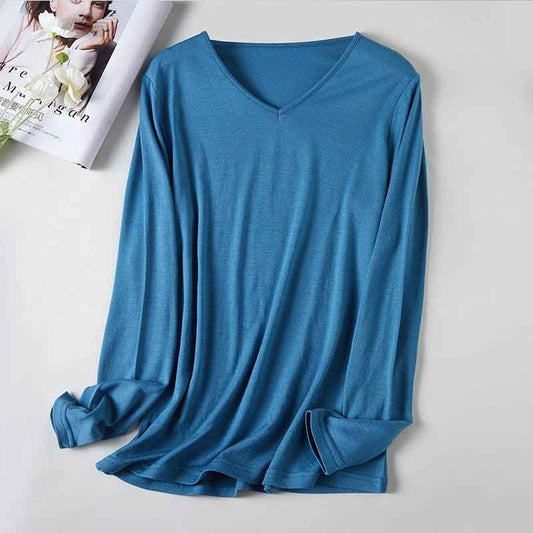 Women's V-Neck Merino Wool Thermal Base Layer by Mead's Supply & Equipment, slim fit, long sleeve, lake blue, XXL size.