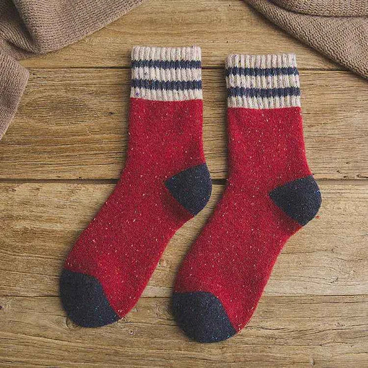 Red thickened warm terry wool socks for women with brushed striped pattern, cozy winter footwear from Mead's Supply & Equipment Outfitters