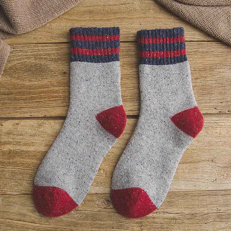 Red thickened warm terry wool socks for women with brushed stripes, cozy winter footwear from Mead's Supply & Equipment Outfitters.