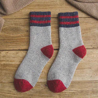 Red thickened warm terry wool socks for women with brushed stripes, cozy winter footwear from Mead's Supply & Equipment Outfitters.