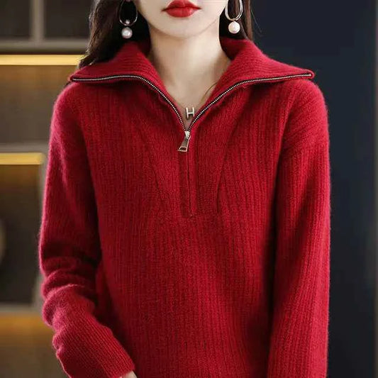 Women's red Merino Wool turtleneck sweater with zipper front, loose fit, designed for winter warmth by Mead's Supply & Equipment Outfitters.
