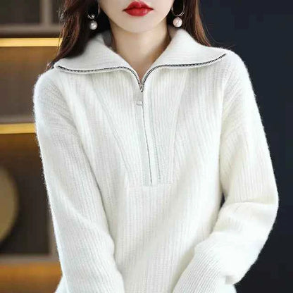 Red women's Merino wool turtleneck sweater with zipper front, loose fit, perfect for winter warmth, by Mead's Supply & Equipment Outfitters.