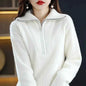 Red women's Merino wool turtleneck sweater with zipper front, loose fit, perfect for winter warmth, by Mead's Supply & Equipment Outfitters.