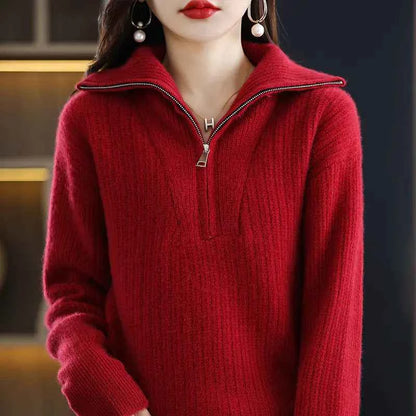 Women's red Merino wool turtleneck sweater with zipper front, loose fit, ideal for winter warmth, by Mead's Supply & Equipment Outfitters.