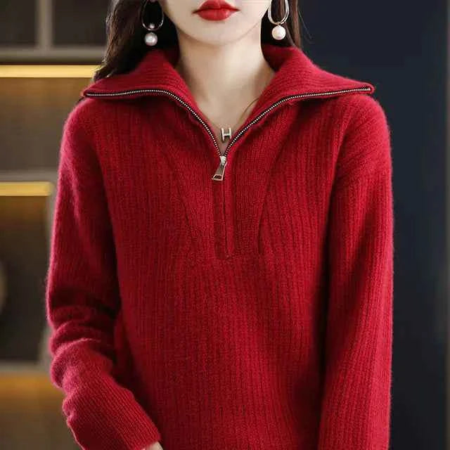 Women's red Merino Wool turtleneck sweater with zipper front, loose fit, designed for winter warmth by Mead's Supply & Equipment Outfitters.