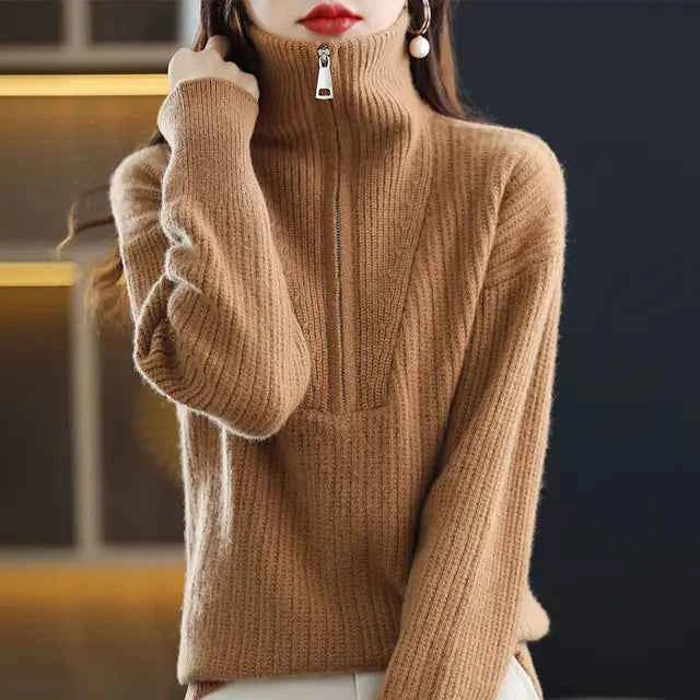 Red women's Merino wool turtleneck sweater with zipper front, loose fit, designed for winter warmth by Mead's Supply & Equipment Outfitters.