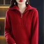 Red women's Merino wool turtleneck sweater with zipper front, loose fit, designed for winter warmth by Mead's Supply & Equipment Outfitters