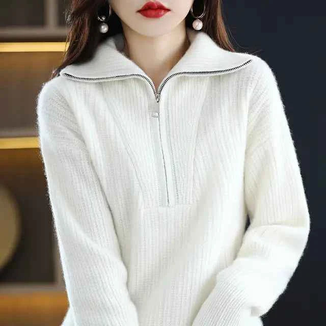 Red women's Merino wool turtleneck sweater with zipper front, loose fit, designed for winter warmth from Mead's Supply & Equipment Outfitters.