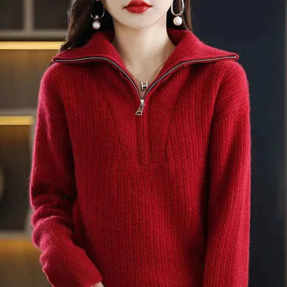 Women’s red Merino wool turtleneck sweater by Mead's Supply & Equipment, zipper front, loose fit, perfect for winter warmth.