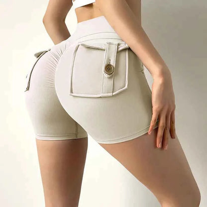 White women's high waist stretch yoga shorts by Mead's Supply & Equipment Outfitters, quick-dry athletic shorts for gym and fitness.