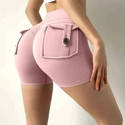 Women's high waist stretch yoga shorts by Mead's Supply & Equipment, quick-dry athletic shorts ideal for gym and fitness activities.