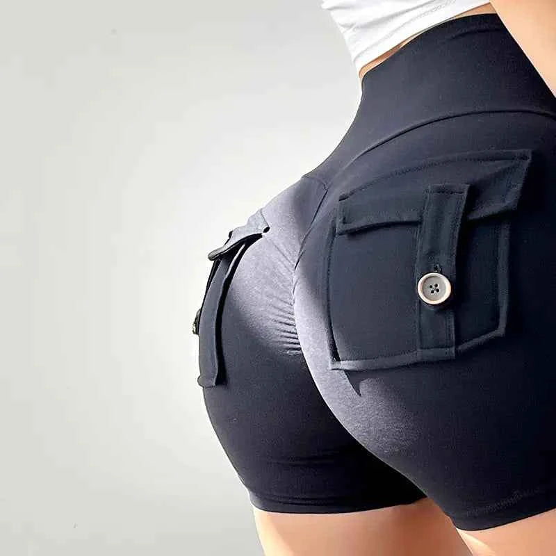 Women's high waist stretch yoga shorts by Mead's Supply & Equipment Outfitters, quick-dry athletic shorts for gym and fitness.
