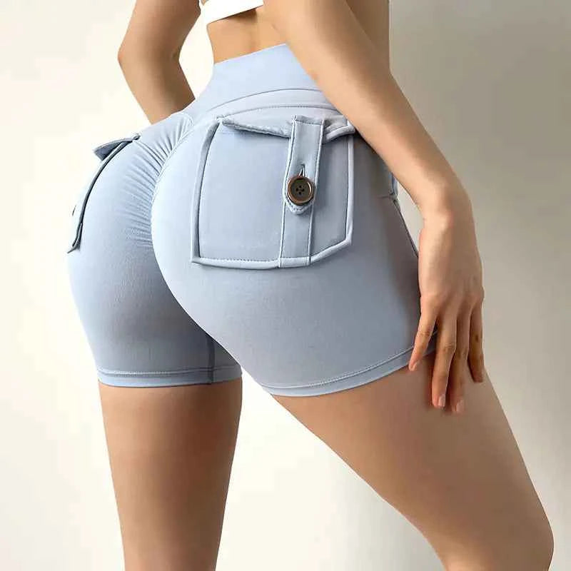 White women's high waist stretch yoga shorts by Mead's Supply & Equipment Outfitters, quick-dry athletic shorts for gym and fitness.