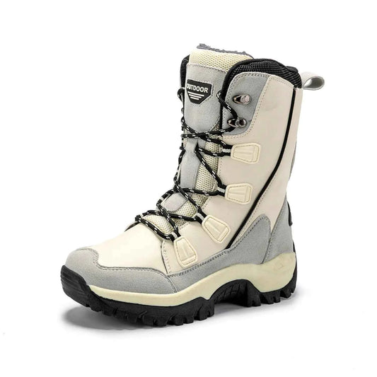 Beige women's fleece-lined snow boots by Mead's Supply & Equipment Outfitters, warm leather winter footwear for outdoor activities