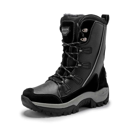 Beige women's fleece-lined snow boots by Mead's Supply & Equipment Outfitters, warm leather winter footwear for outdoor activities.