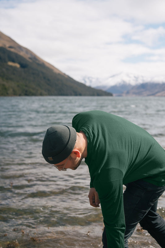 Men's OG Long Sleeve by Merino 365 NZ in Balsam, made of 100% Merino Wool, shown in a natural Balsam color.