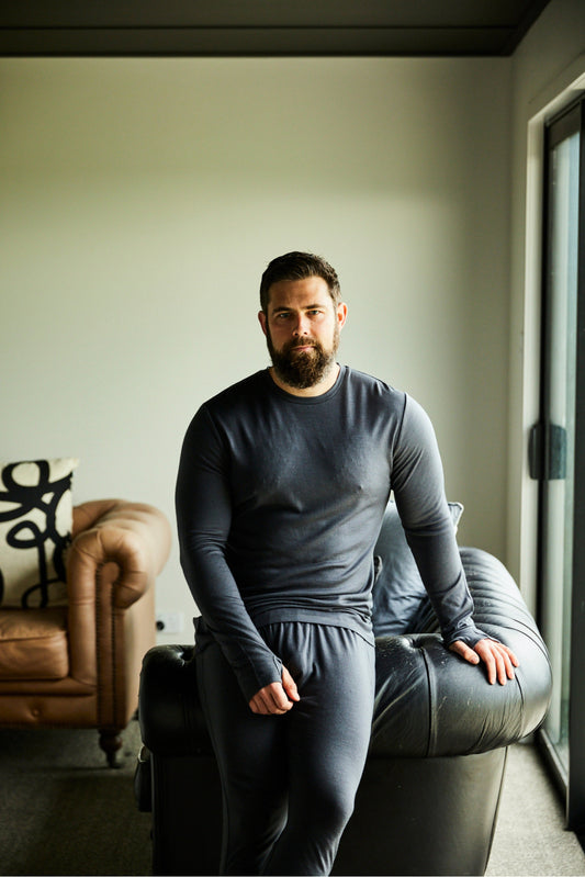 Men's OG Long Sleeve by Merino 365 NZ in slate grey, made from 100% Merino wool, showcasing a comfortable long-sleeve design.