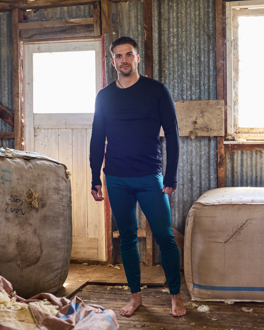 Men's Merino 365 NZ Base Pant in Pine, 100% Merino wool, showcasing comfortable, natural fiber men's pants in a deep green color.