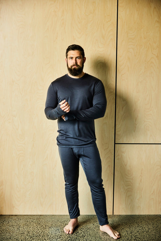 Men's Base Pant by Merino 365 NZ in slate grey, made from 100% Merino wool, showcasing comfortable, lightweight men's pants.