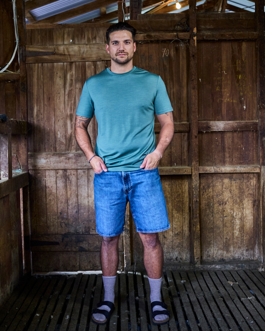 Men's Merino Wool Crew Short Sleeve T-shirt in Fern Green by Merino 365 NZ, showing the soft fabric and classic fit.