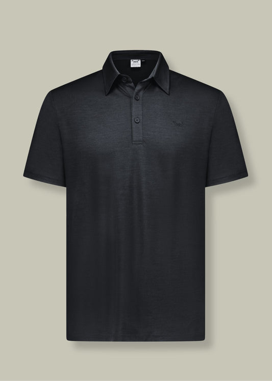 Men's black polo shirt made from 100% Merino wool by Merino 365 NZ, featuring a classic fit and soft texture.