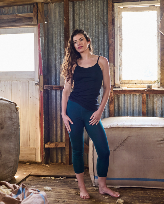 Women's Merino Wool Base Pant in Pine by Merino 365 NZ, showcasing comfortable, natural fiber pants in a stylish fit.