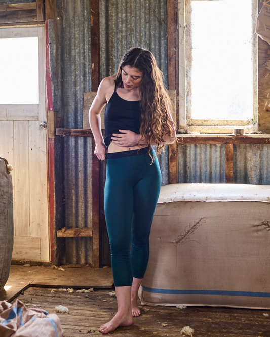 Women's Merino 365 NZ Base Pant in Pine, made from 100% Merino wool, showcasing the comfortable, natural fiber pants for women.