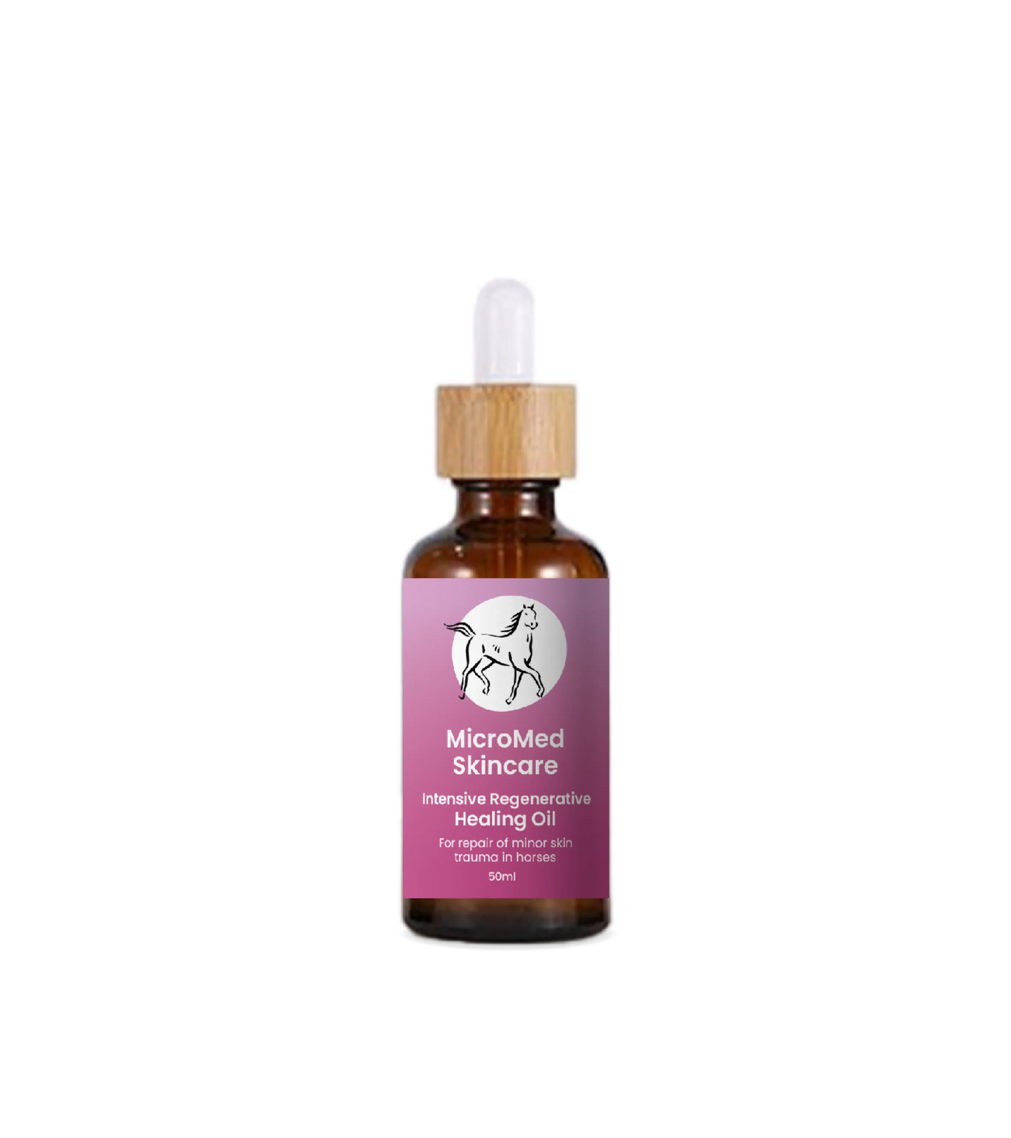 MicroMed Horse Care Healing Oil 50ml, intensive regenerative formula for horse skin and coat health, in a small plastic bottle.