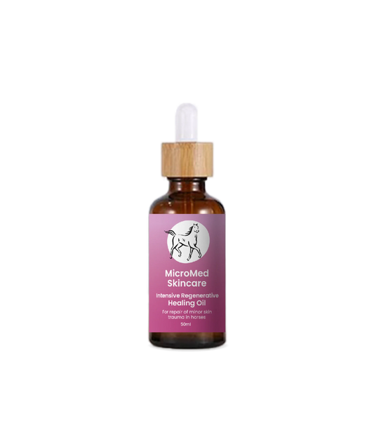 MicroMed Horse Care Healing Oil 50ml, intensive regenerative formula for horse skin and coat health, in a small plastic bottle.
