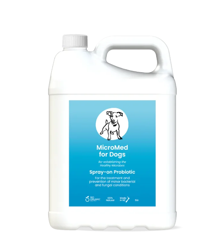 MicroMed for Dogs Acute Care Immediate Care bottle, 250ml, in a clinical setting with medical supplies and packaging.