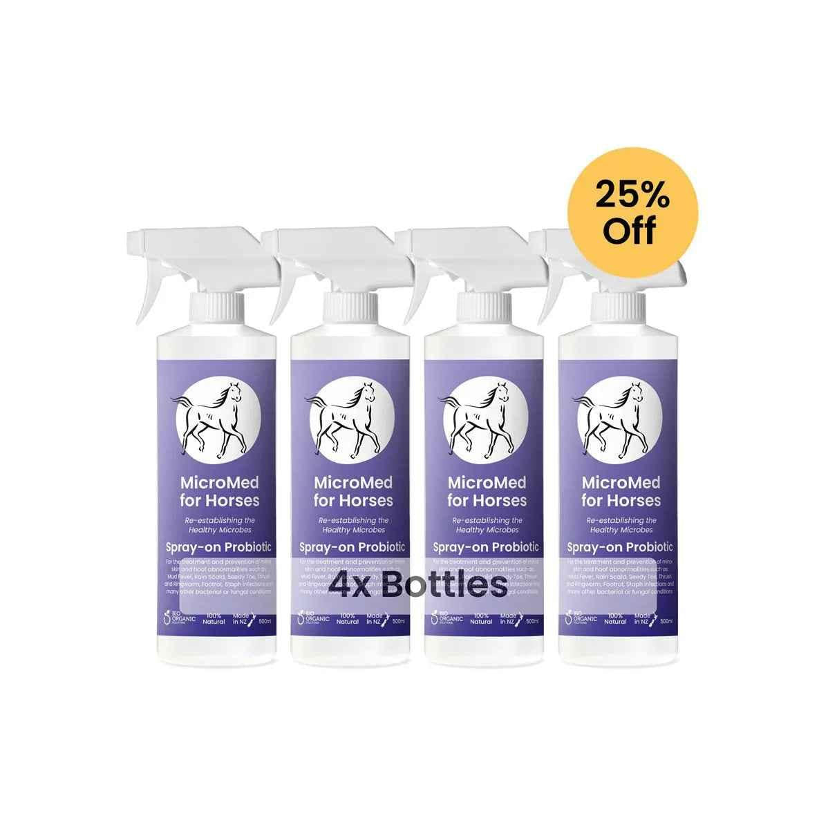 MicroMed for Horses Acute Care bundle showing four 500ml bottles of immediate care solution for equine health management.