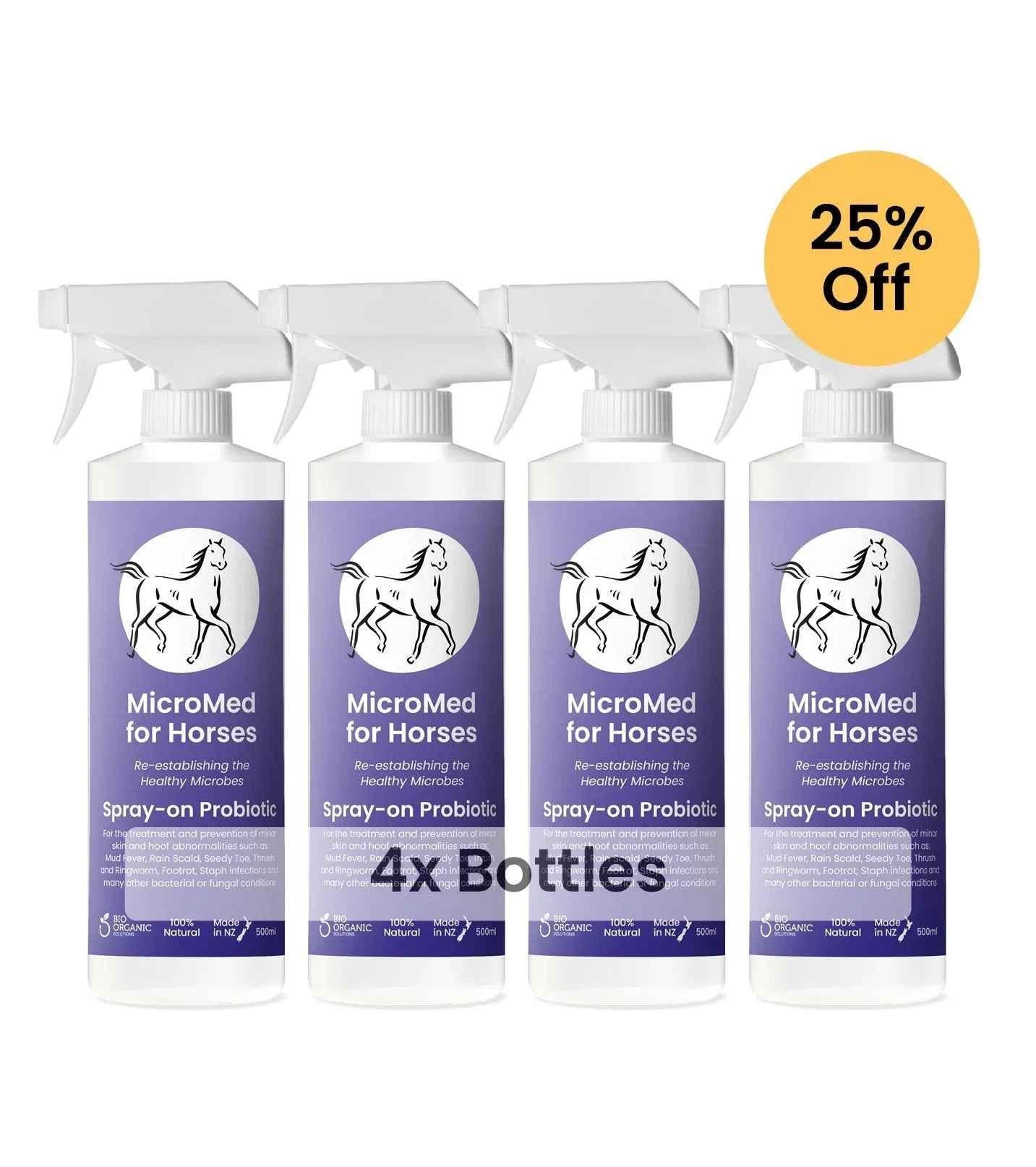MicroMed for Horses Acute Care bundle showing four 500ml bottles of MicroMed immediate care solution for equine health.