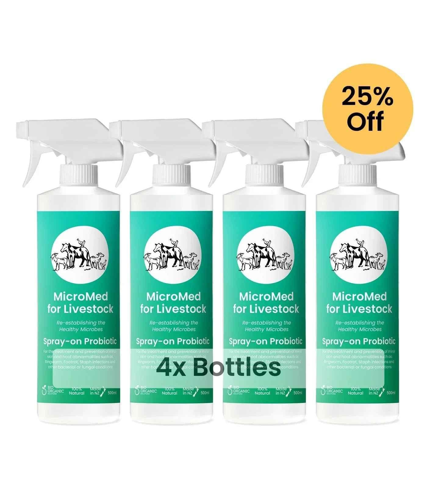 MicroMed livestock acute care bundle with four 500ml bottles of immediate care solution for farm animals.