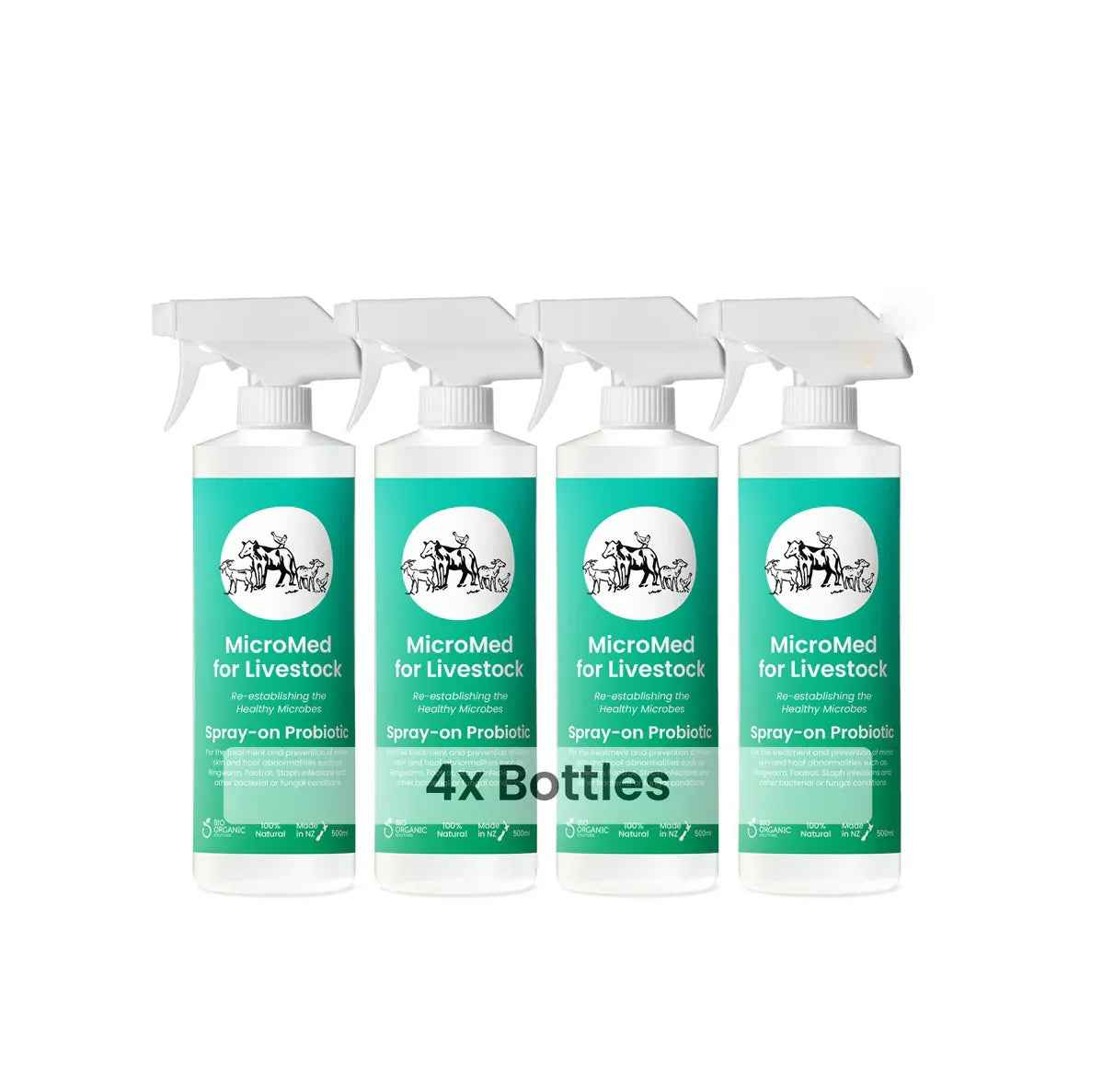 MicroMed Livestock Acute Care bundle with four 500ml bottles, used for immediate animal health treatment.