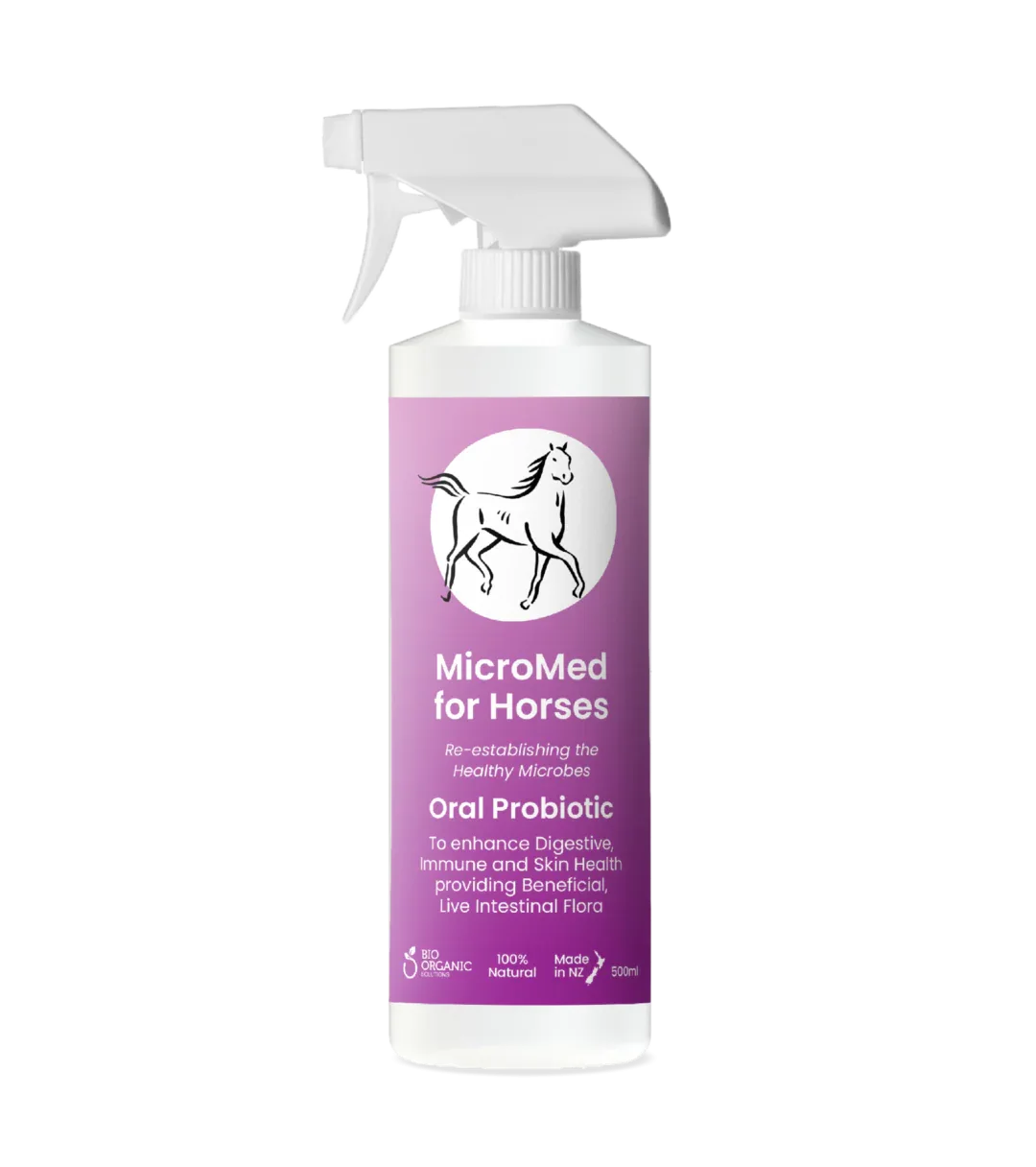 MicroMed for Horses Care bottle, 500ml, with label showing ongoing care solution for equine health and wellness.