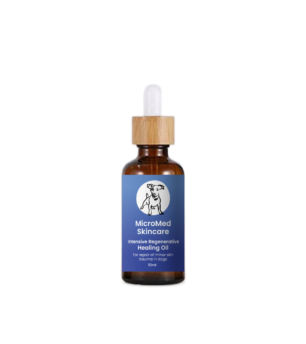 MicroMed regenerative healing oil for dogs in a 50ml bottle, designed for intensive pet recovery and skin healing.