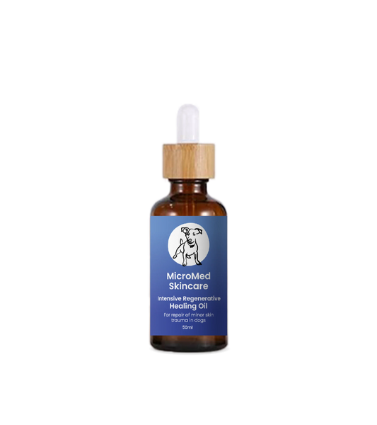 MicroMed regenerative healing oil for dogs in a 50ml bottle, designed for intensive pet recovery and skin healing.