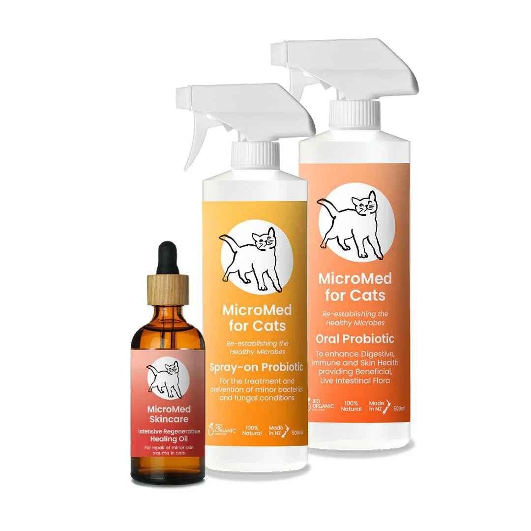 MicroMed Total Care Package for pets including oral, topical, and regenerative healing oils, displayed in a set with bottles and applicators.