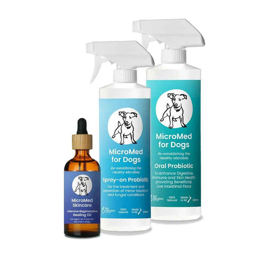 Micromed Total Care for Dogs set with oral, topical, and regenerative healing oils for pet health and wellness.