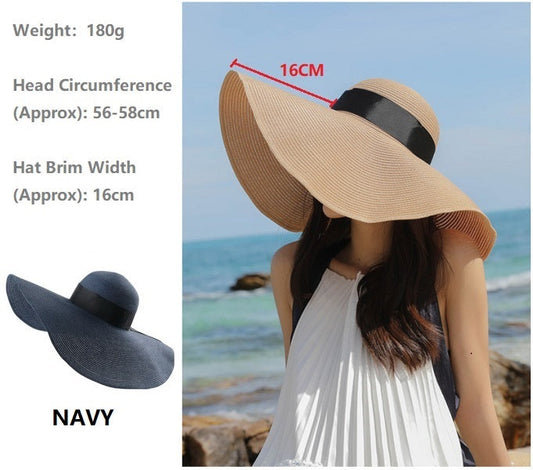 NAVY- 16cm Wide Brim Women Lady Sun Straw Hat Floppy Derby Summer Beach Cap dealonline.co.nz