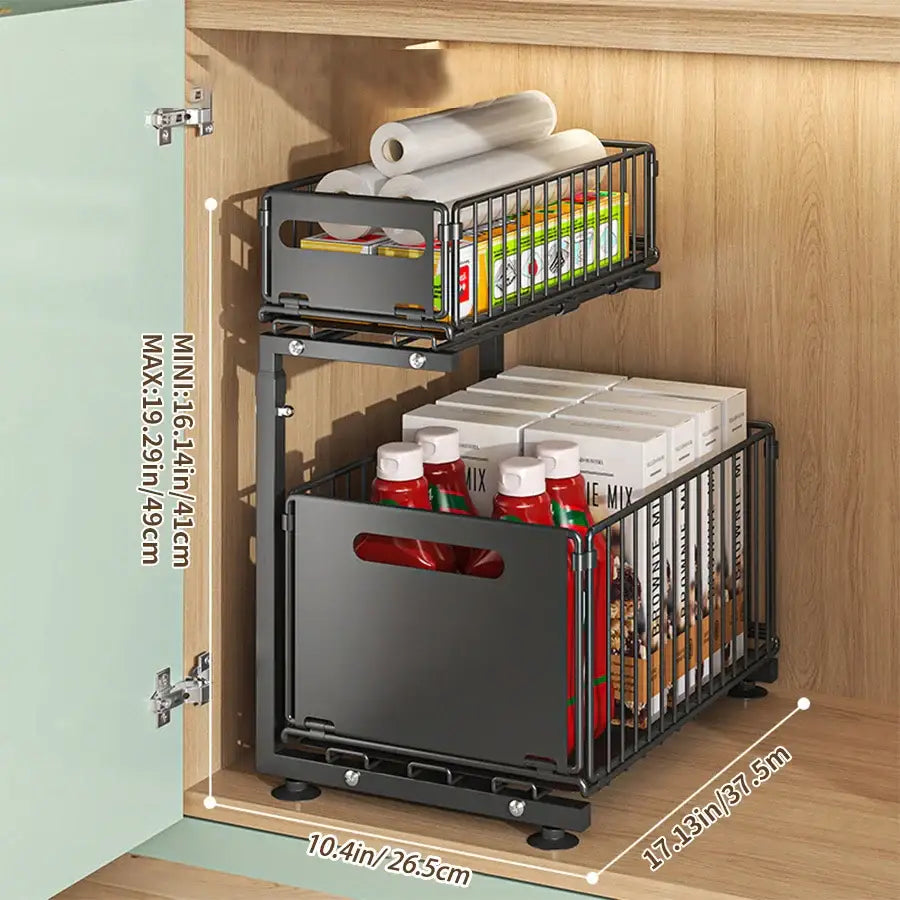 Pull-Out Under Sink Organizer – 2-Tier Adjustable Sliding Shelf (Black & White) Habicare