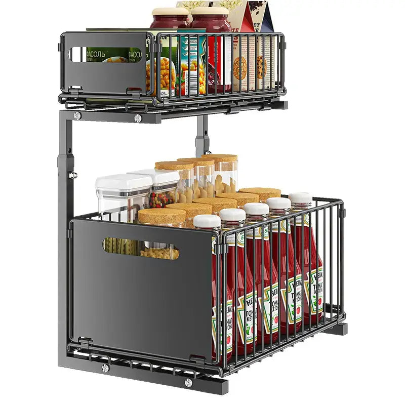 Pull-Out Under Sink Organizer – 2-Tier Adjustable Sliding Shelf (Black & White) Habicare