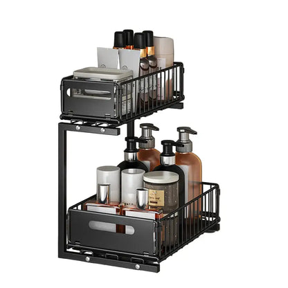 Pull-Out Under Sink Organizer – 2-Tier Adjustable Sliding Shelf (Black & White) Habicare