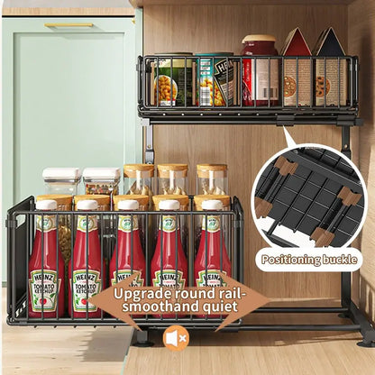 Pull-Out Under Sink Organizer – 2-Tier Adjustable Sliding Shelf (Black & White) Habicare
